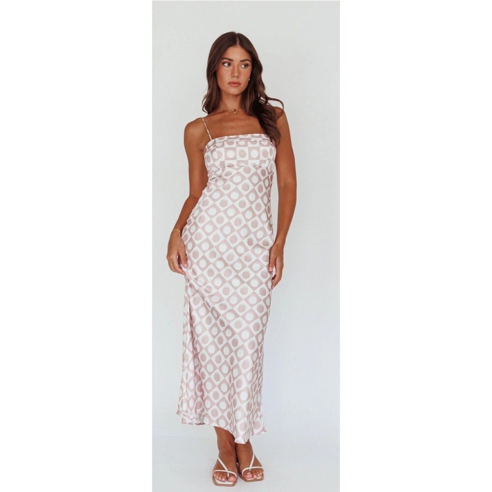 SELFIE LESLIE Lane Cove Cami Strap Sz S Maxi Dress Print Mocha NWT